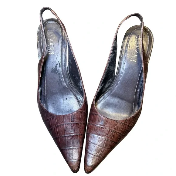 Brown Leather Slingback Heels Pointed Toe Classic Lauren Ralph Lauren 8.5 - Picture 2 of 11